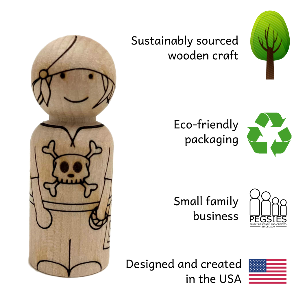 Peg doll with pirate laser etched design next to product features; Sustainably sourced wooden craft, eco-friendly packaging, small family business, designed and created in the USA.
