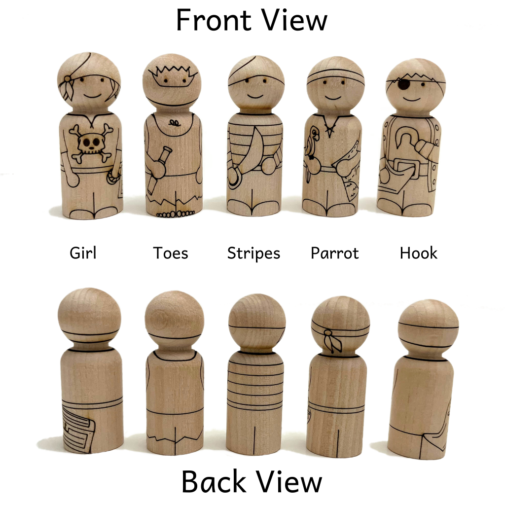 Front and back view of five peg dolls made from birch wood laser etched with pirate characters: Girl, Toes, Stripes, Parrot, Hook.
