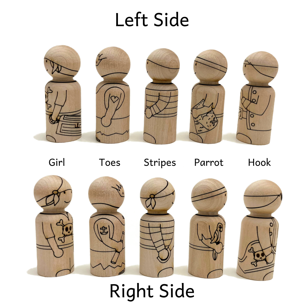 Left and right side view of five peg dolls made from birch wood laser etched with pirate characters: Girl, Toes, Stripes, Parrot, Hook.