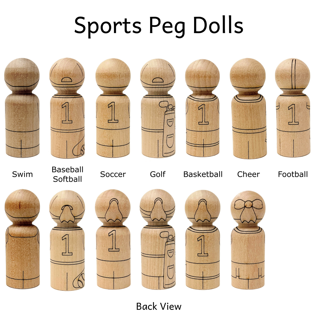 Back view of laser etched peg dolls decorated to look like athletes that play baseball, softball, swim, soccer, golf, basketball, cheer, and football.