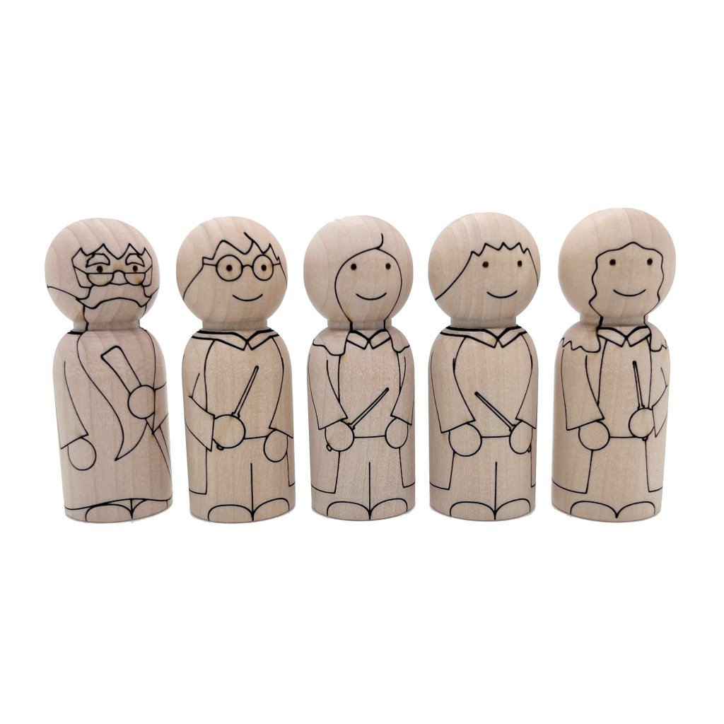 five wizard and witch wooden peg doll characters