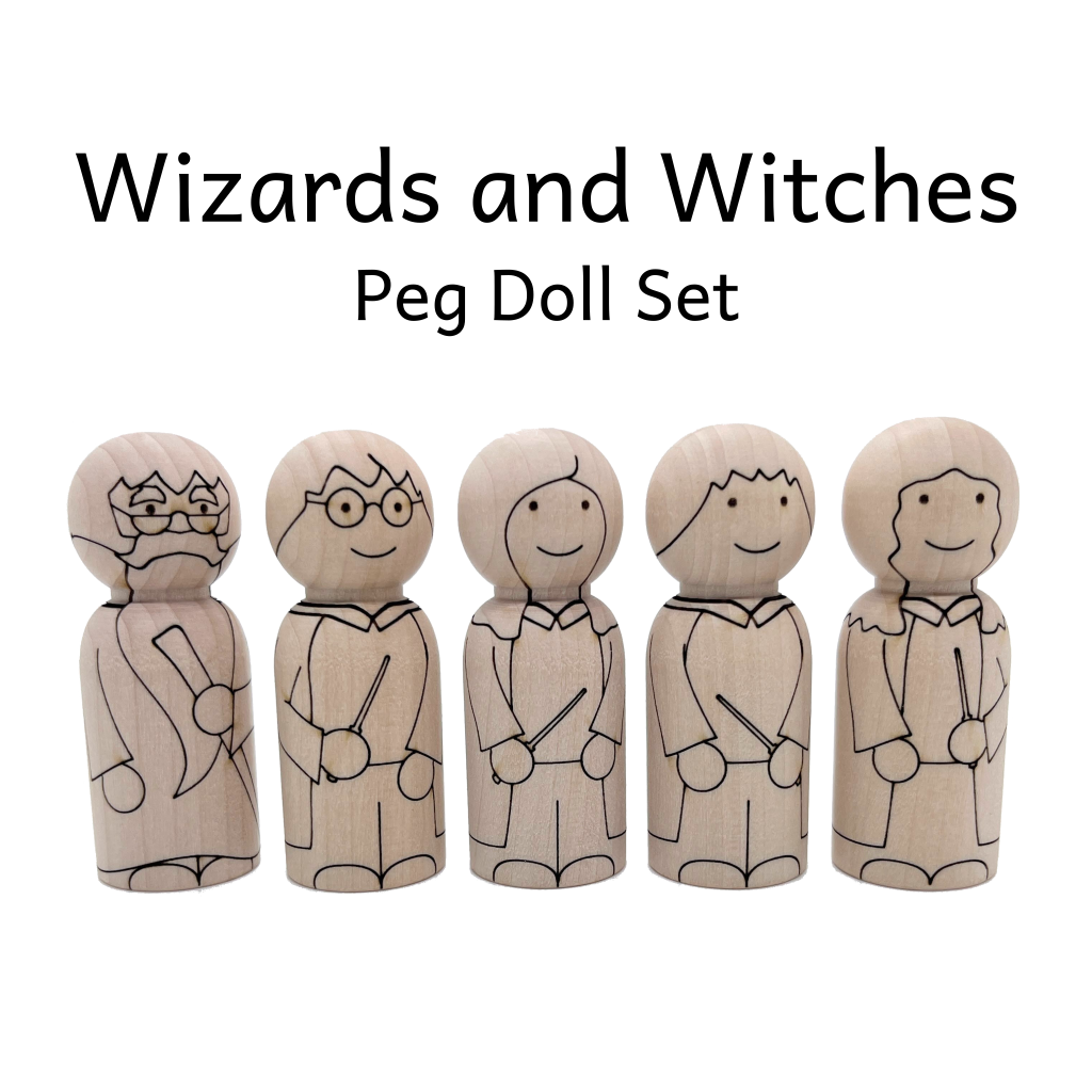 Five wizard and witch wooden peg doll characters