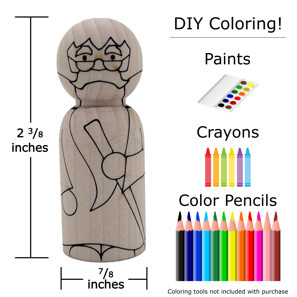 Dimensions of a wooden laser engraved wizard peg doll character