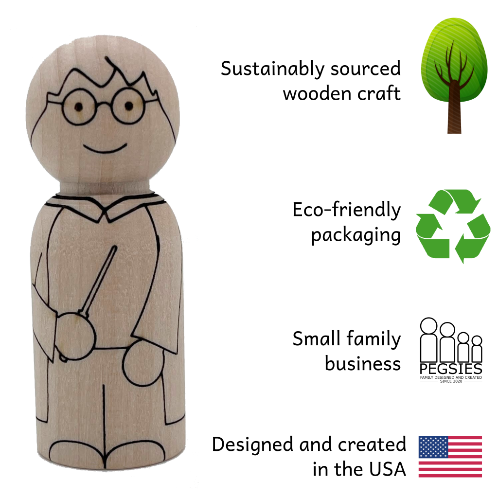 Product features of a wooden laser engraved wizard peg doll character