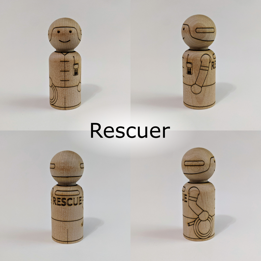 Front, sides, and back view of birch peg doll with rescuer first responder laser etched design. Character has a helmet, radio, rope, and life jacket.