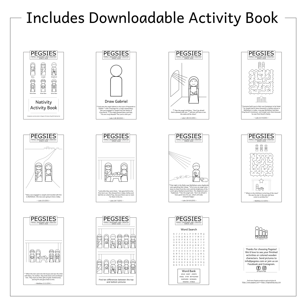 Pages of Christmas Nativity activity book including coloring, mazes, word searches, and find the differences pages. Activity book is free to download.