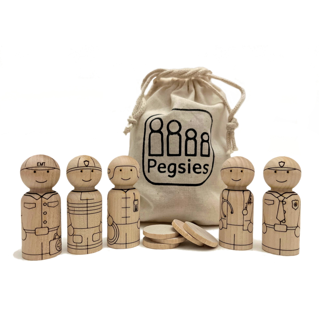 Five peg dolls made from birch wood etched with first responder characters: EMT, Fire Fighter, Rescuer, Doctor, and Police Officer. Includes muslin cotton pouch and five birch tokens to test coloring tools.