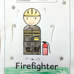 Age 6 (Illinois, USA) Coloring page with a peg doll firefighter