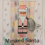 Age 6 (Illinois, USA) Coloring page with a peg doll santa wearing a health mask