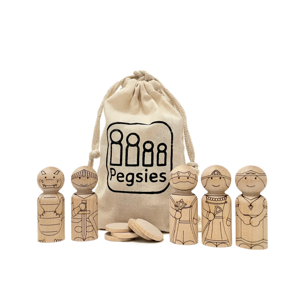 Royal Peg Doll Set comes with Cotton pouch and 1 inch wooden disks in addition to the laser engraved dragon, knight, king, queen, and princess.