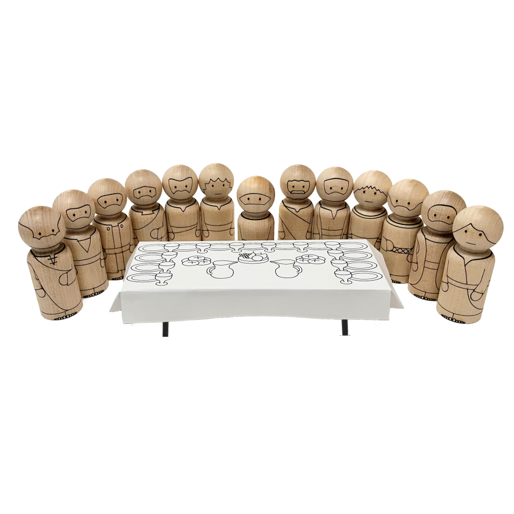 Last Supper peg doll set of Jesus and the 12 disciples. Includes peg dolls and baltic birch table with printable table cloth. Apostles include: Andrew, Bartholomew, James the less, James, John, Judas, Matthew, Peter, Philip, Simon, Thaddeus, Thomas.