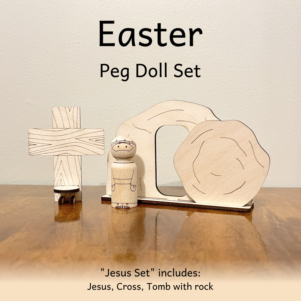 Easter peg doll set that includes Jesus, a cross on which the Jesus peg doll can stand, and a Tomb with rock.
