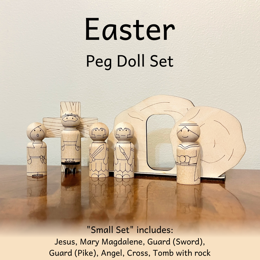Easter peg doll set that includes five peg dolls that look like Jesus, Mary Magdalene, Guard with sword, Guard with pike, and Angel. Also included are a cross with stand for Jesus to be on and a Tomb with rock.