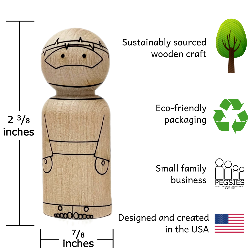 Unfinished baltic birch peg doll that is laser etched to look like Jesus with a crown of thorns and holes in his hands and feet. Measures 2 3/8 inches tall and 7/8 inches wide. Small family business. Designed and created in the USA.