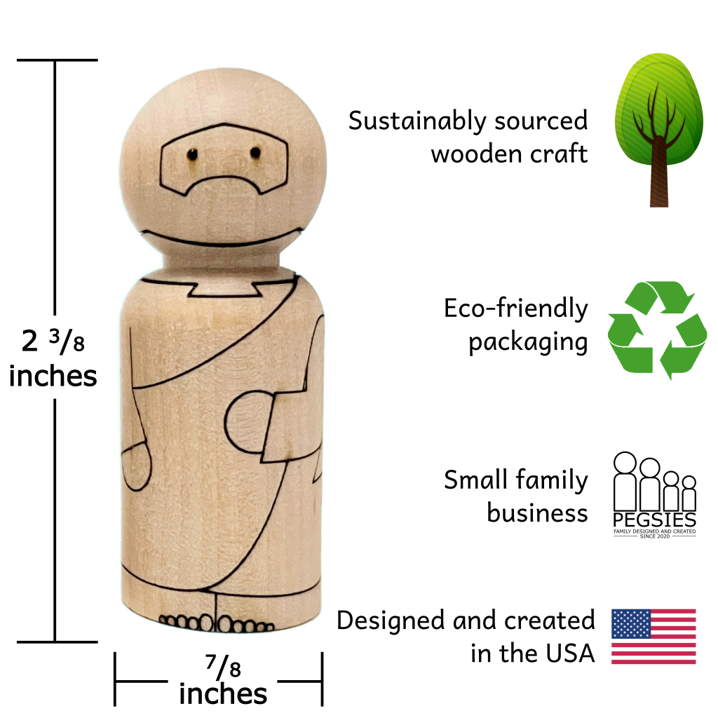 Unfinished baltic birch peg doll as a disciple or apostle. Measures 2 3/8 inches tall and 7/8 inches wide. Sustainably source wooden craft. Eco-friendly packaging. Small family business. Designed and created in the USA.