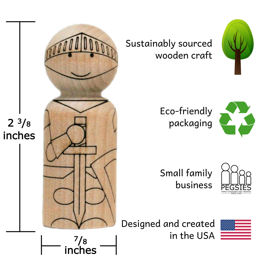 Peg doll laser engraved to look like a knight measuring 2 3/8 inches tall and 7/8 inches wide. Sustainably sourced wooden craft. Eco-friendly packaging. Small family business. Designed and created in the USA.