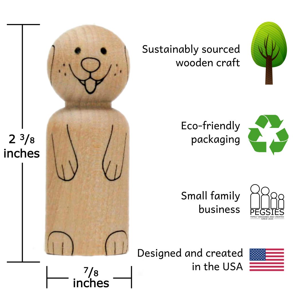 Laser engraved baltic birch dog peg doll that measures 2 and 3/8 inches tall and 7/8 inches wide. Sustainably sourced wooden craft. Eco-friendly packaging. Small family business. Designed and created in the USA.