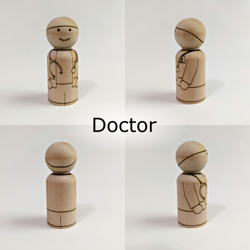 Front, sides, and back view of birch peg doll with laser etched Doctor design. Character has Doctor scrubs, wears a stethoscope, and has pens in jacket pocket.