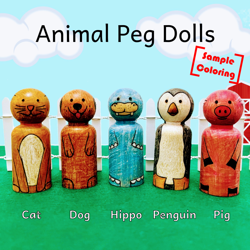 Animal peg dolls that are colored with color pencil and laser engraved to look like a cat, dog, hippo, penguin, and pig on a farm background.