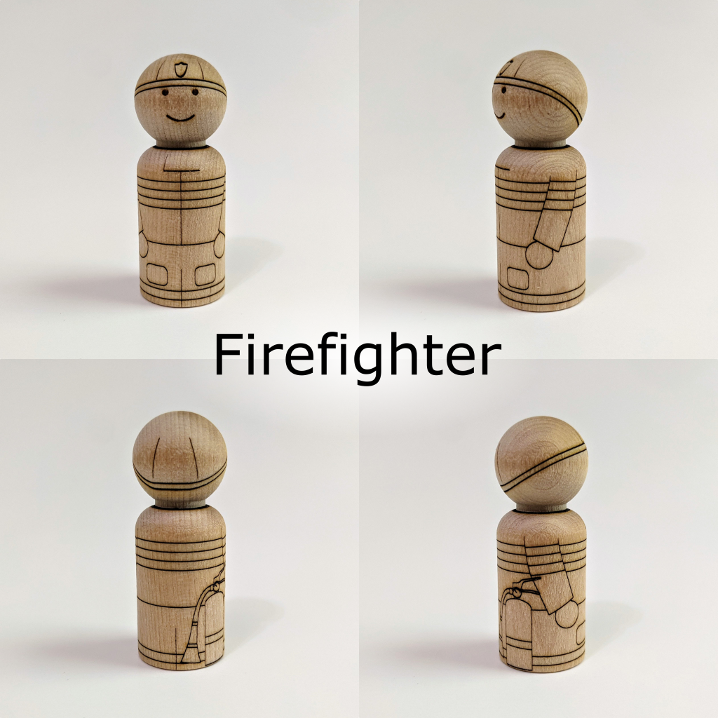 Front, sides, and back view of birch peg doll with laser etched Firefighter design. Character has fire fighting gear including helmet and reflective stripes. Also has a fire extinguisher at hand.