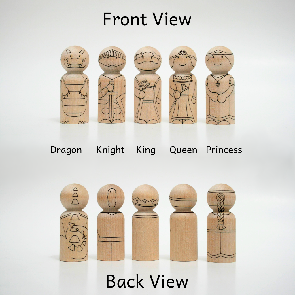 Royal peg doll set front and back view showing a dragon, knight, king, queen, and princess.