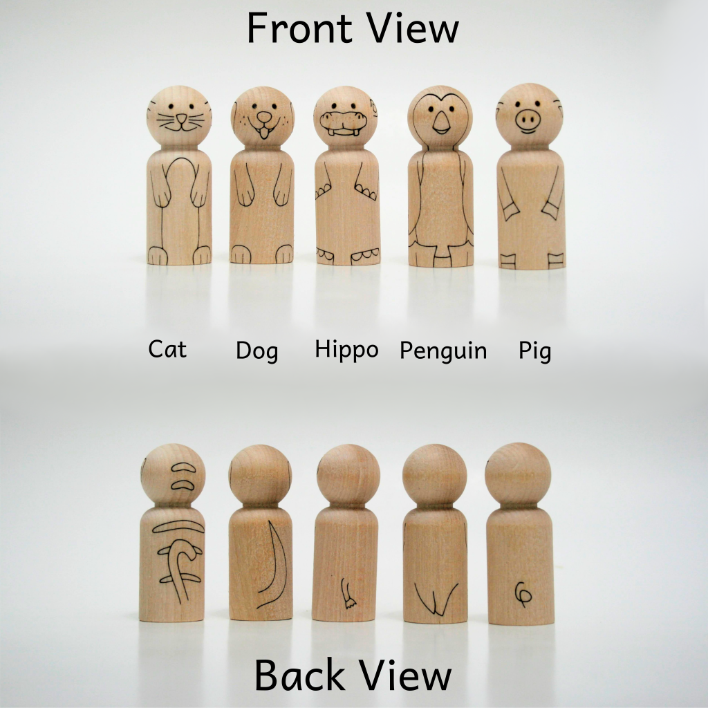 Front and back view of animal peg dolls that are unfinished and laser engraved to look like a cat, dog, hippo, penguin, and pig.ns and a muslin cotton pouch.