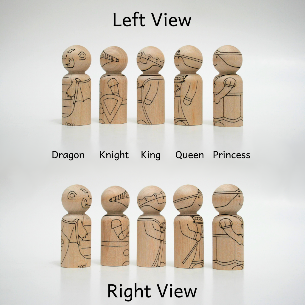 Royal peg doll set showing left and right view of laser engraved characters of a dragon, knight, king, queen, and princess.