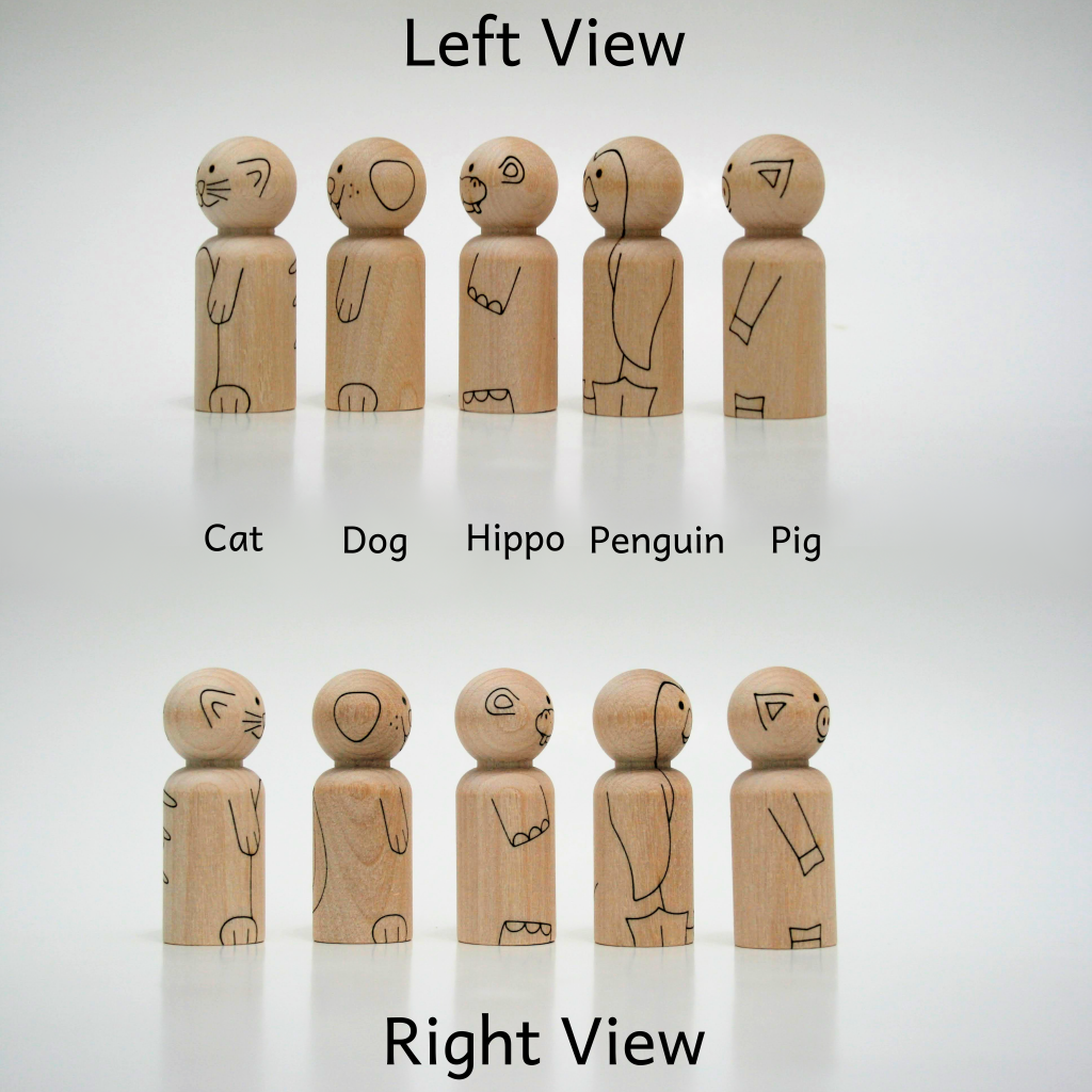 Left and right view of animal peg dolls that are unfinished and laser engraved to look like a cat, dog, hippo, penguin, and pig.ns and a muslin cotton pouch.