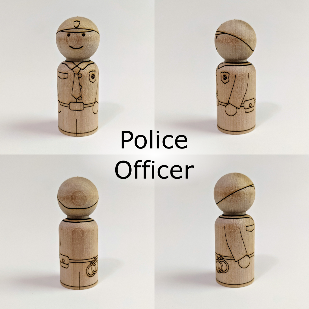 Front, sides, and back view of birch peg doll with laser etched Police Officer design. Character has uniform including a hat, neck tie, badge, belt bag, and handcuffs.