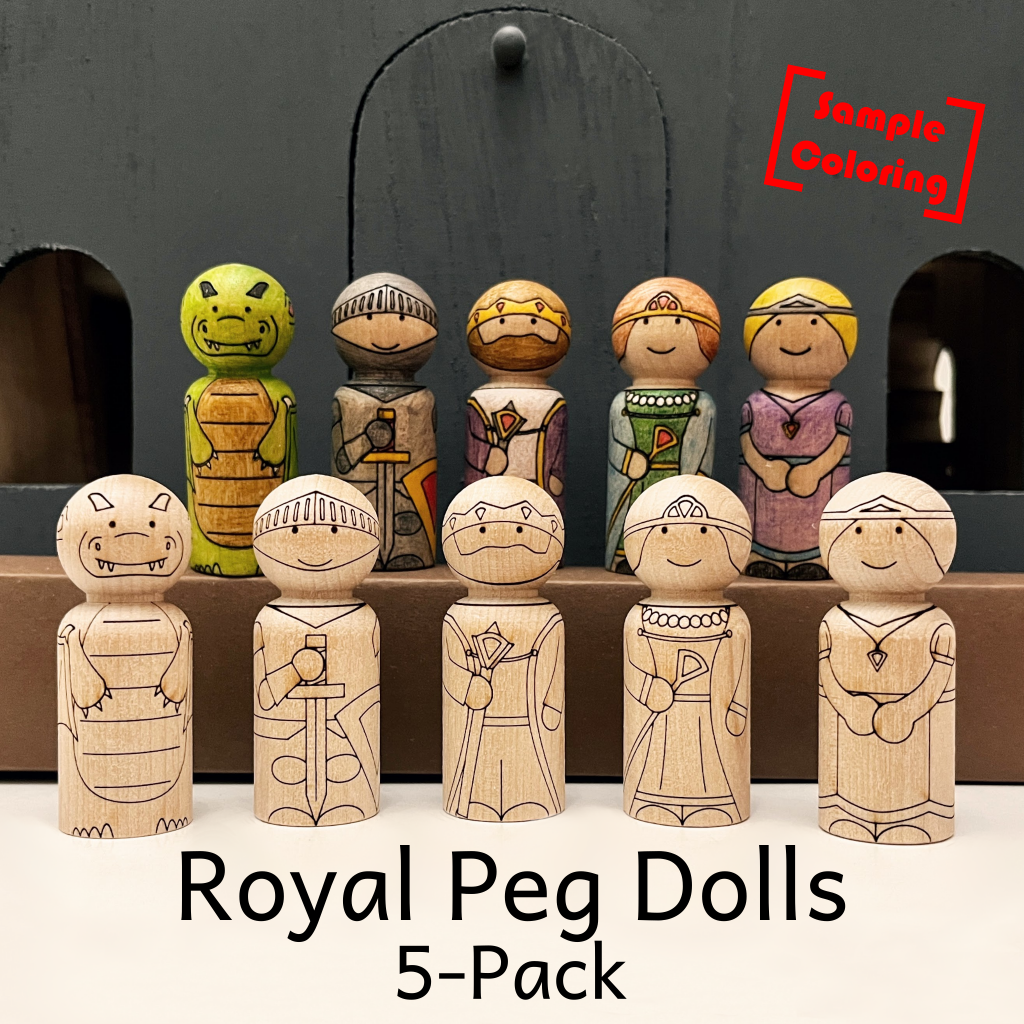 Royal Peg Dolls 5-Pack laser engraved to look like a dragon, knight, king, queen, and princess. Sample coloring shown with color pencils.