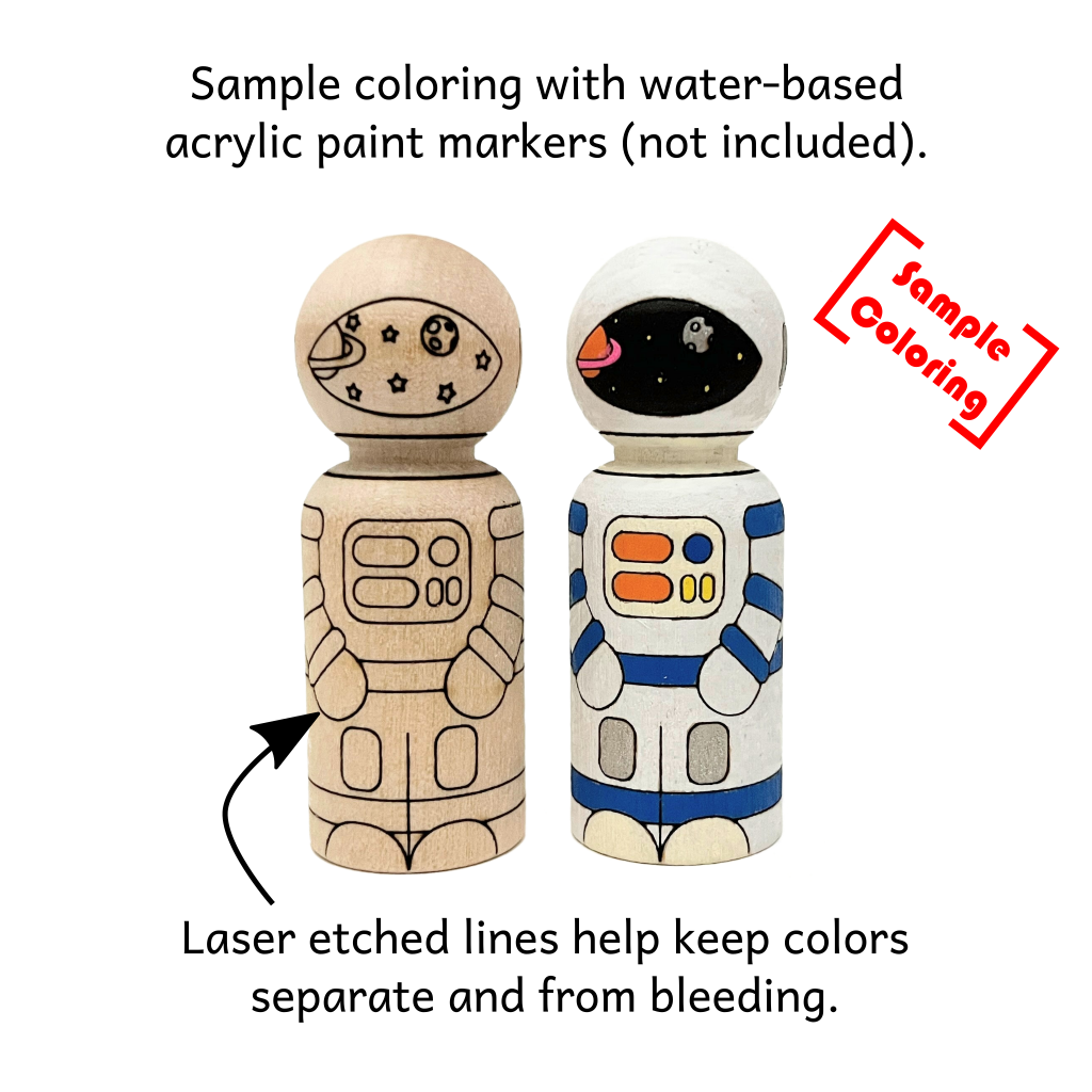 Sample coloring of astronaut peg doll with water-based acrylic paint markers. Laser etched lines help keep colors separate and from bleeding.