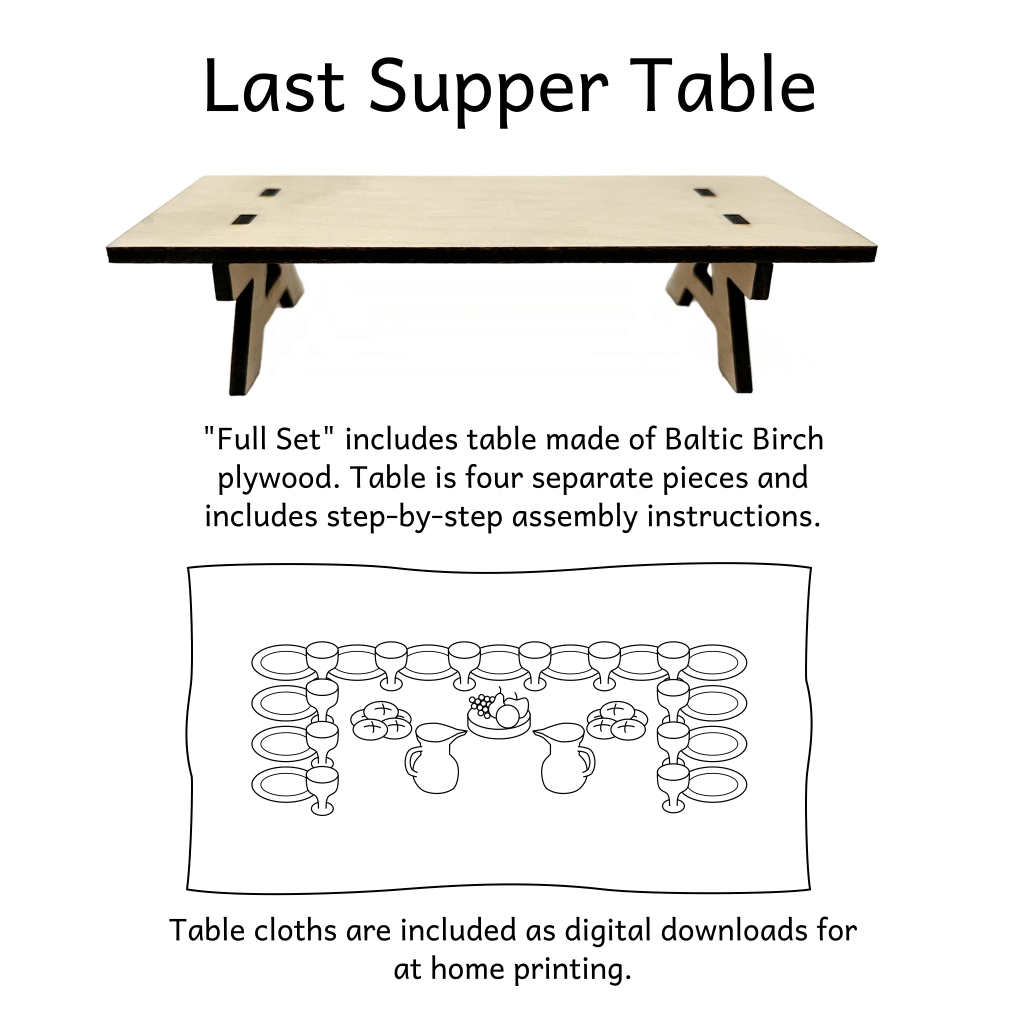 Last Supper Table made of 3mm baltic birch plywood. Table is four separate pieces and includes step-by-step assembly instructions as a digital download for at home printing.